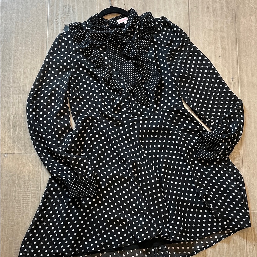 Black & White Polka Dot Ruffle Neck Dress